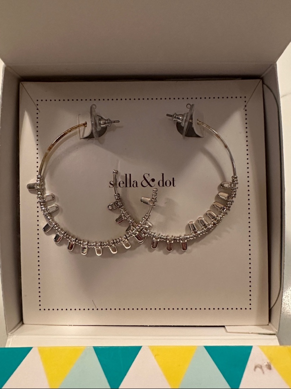 Stella & Dot Shiny Silver Decorative Hoop Earrings